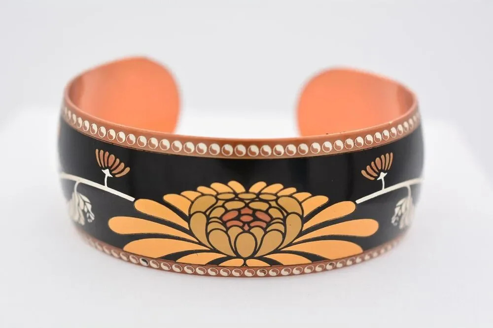 80F Damascene Cuff Bangle Bracelet Copper Lotus Flower Black Signed BinAW